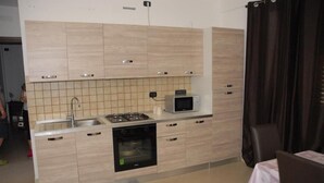 A modern kitchen with light wood cabinets, a microwave, a stove, and an oven.