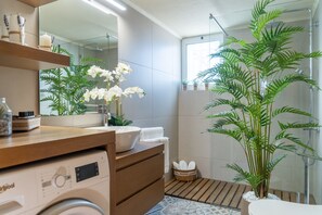Shower, hair dryer, towels, soap