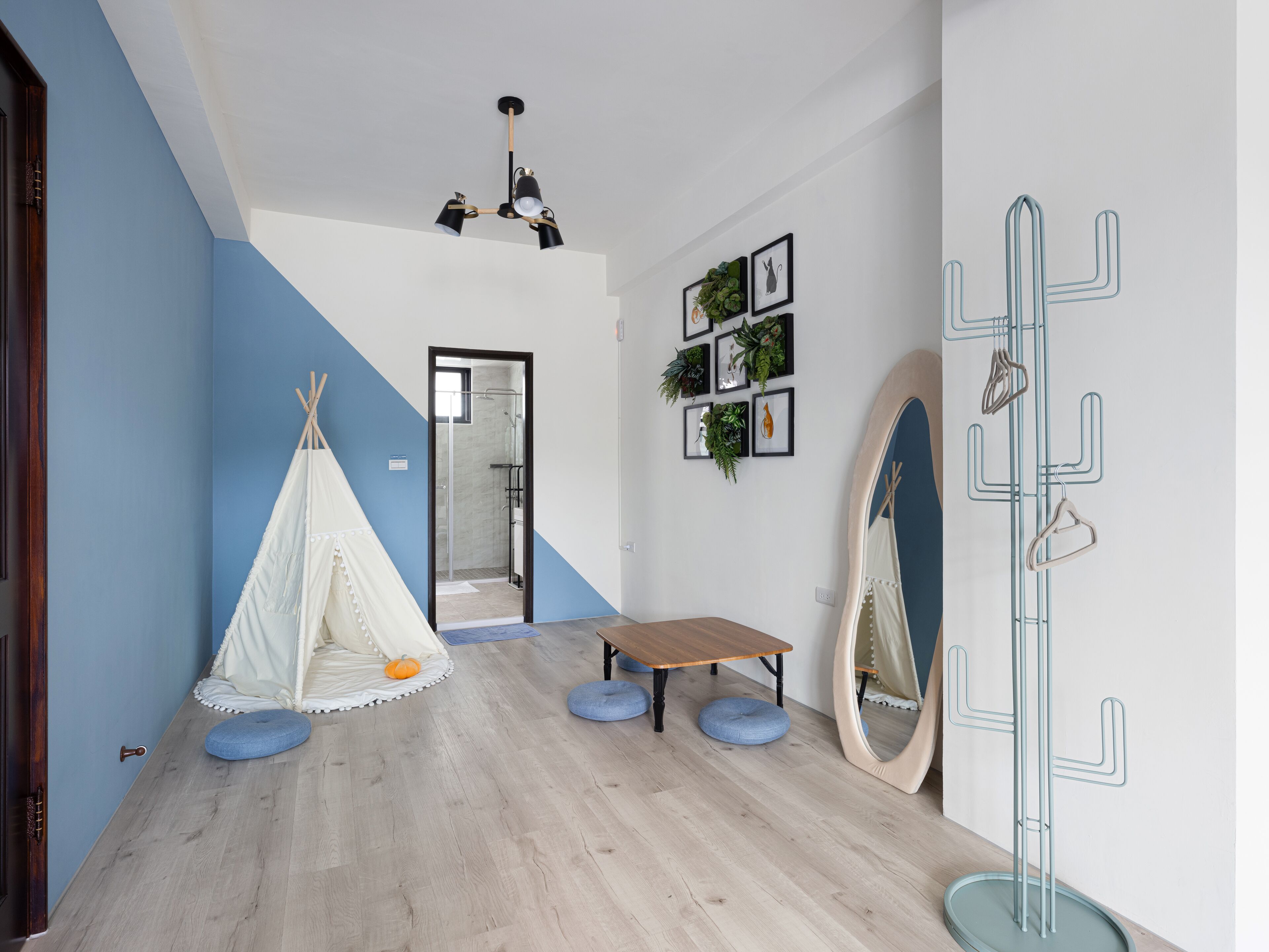 A modern room with a wooden floor, a white and blue wall, a glass door leading to a shower, a mirror, and a hanging coat rack.