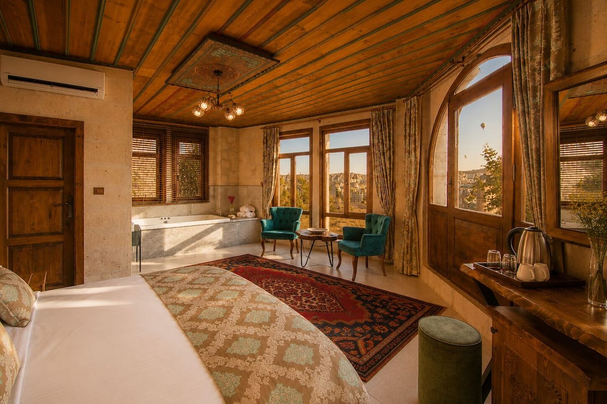 A bedroom with a bed, a sitting area with chairs, a window with a view, and a wooden ceiling.
