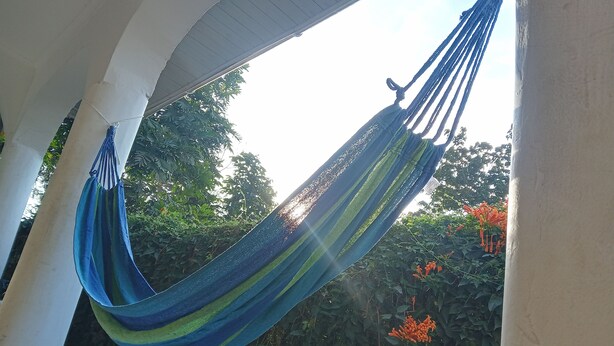 A hammock hanging between white columns in an outdoor area with greenery and flowers in the background. - 
🏡 Peaceful Family Retreat in Arusha – Near National Parks & City Center (Arusha)
