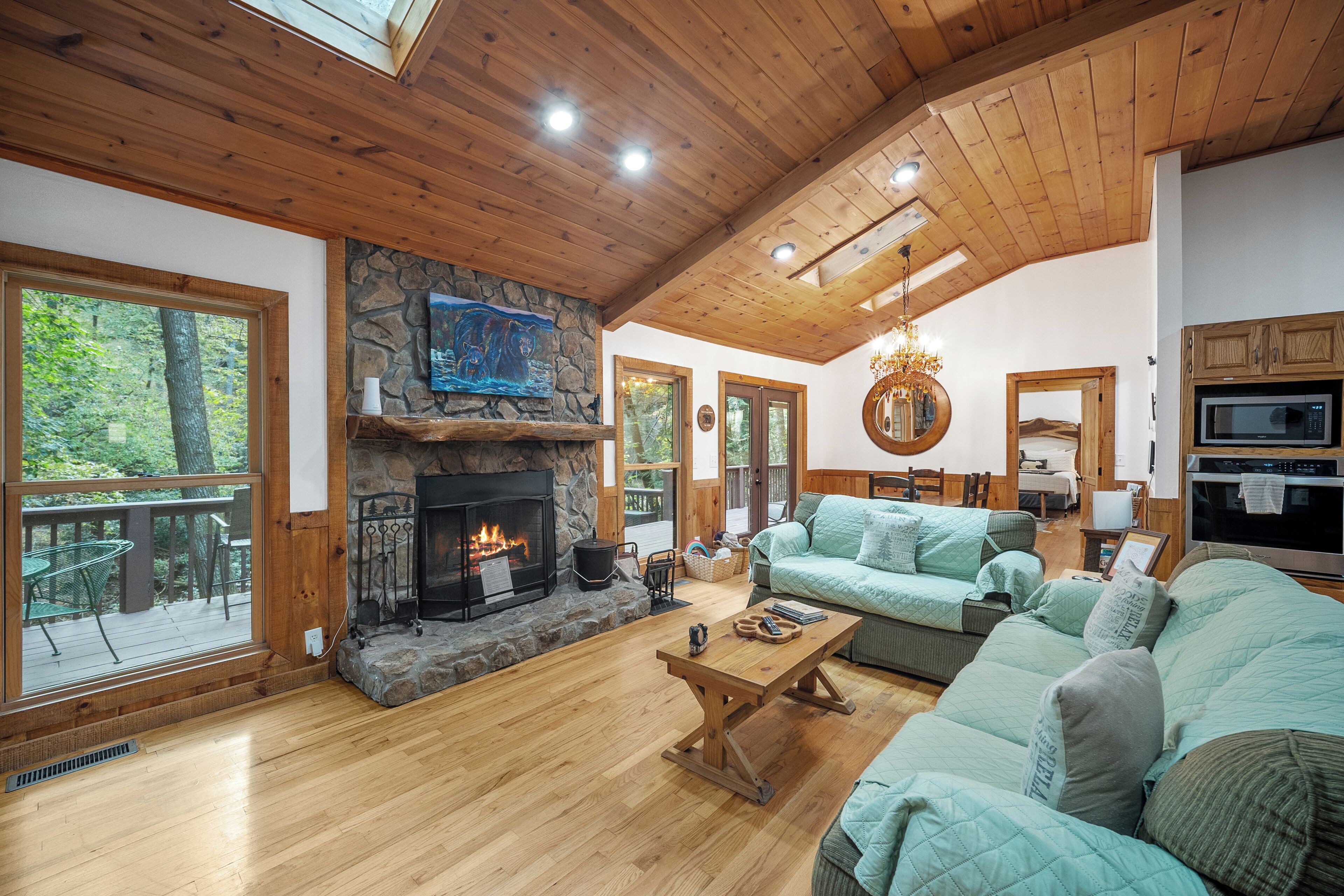 Smart TV, fireplace, video games, DVD player