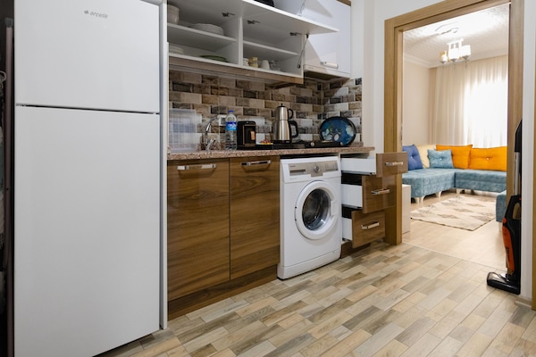 Apartamento estándar, 1 habitación, cocina | Cocina privada | Frigorífico grande, placa de cocina y cafetera o tetera