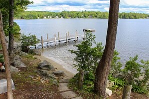 A lakeside dock with a wooden pier extending into the water, surrounded by trees and rocks. - Winnipesaukee Waterfront Home sleeping 12 dock and sandy beach (Moultonborough)