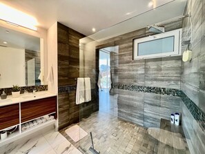 Shower, hair dryer, towels