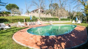 A swimming pool with a curved edge, surrounded by a brick deck, and a grassy area with lounge chairs and umbrellas.