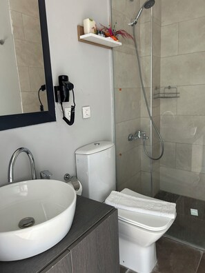 Shower, pengering rambut, sandal, dan handuk