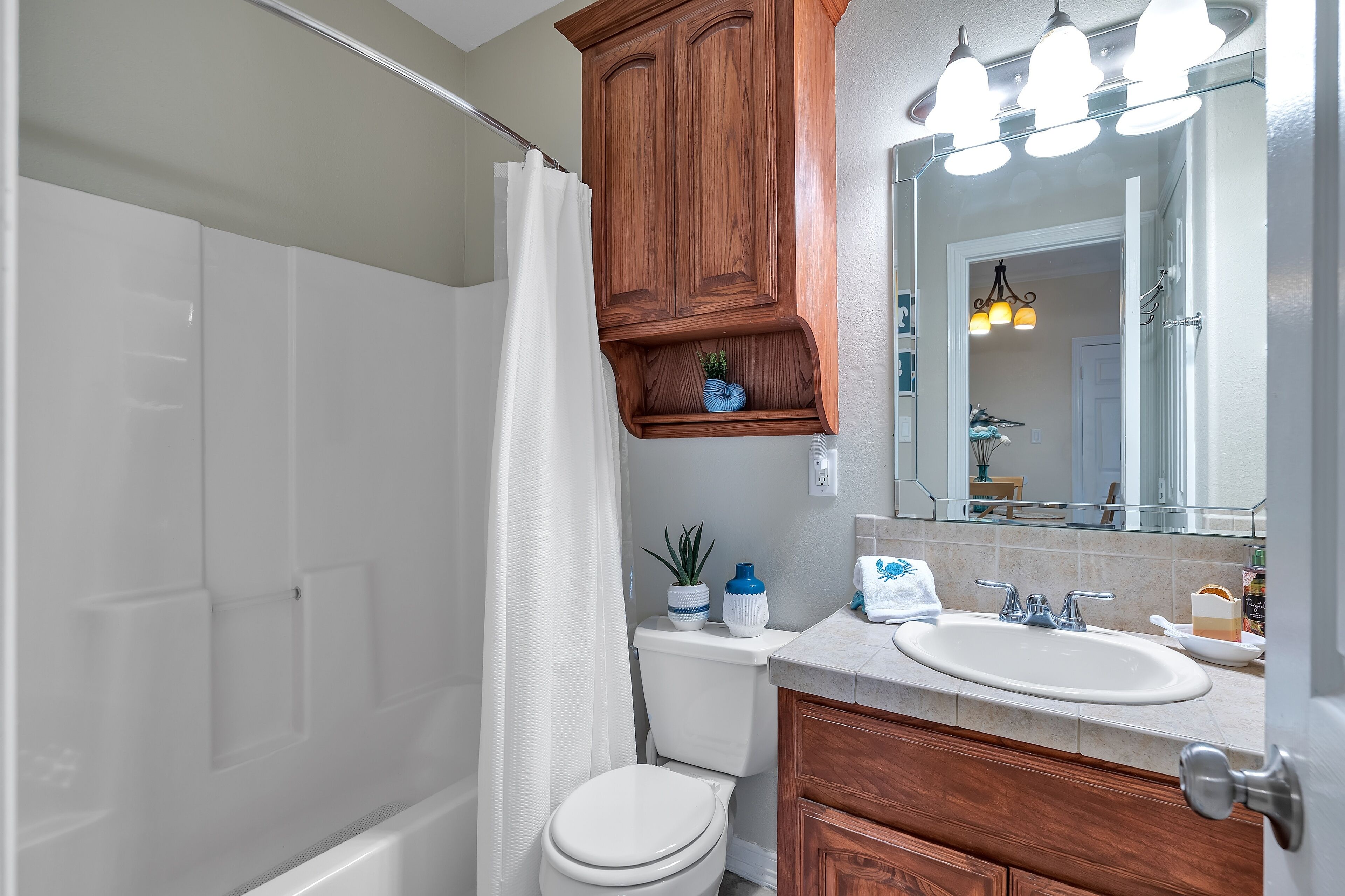 A bathroom with a shower, toilet, vanity with a sink, and a mirror.