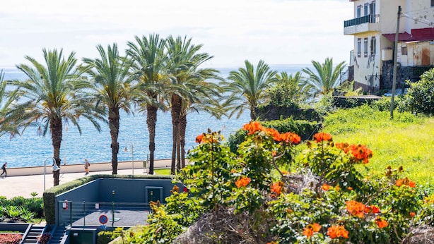 Un edificio costero con techo rojo, palmeras y vista despejada al mar.