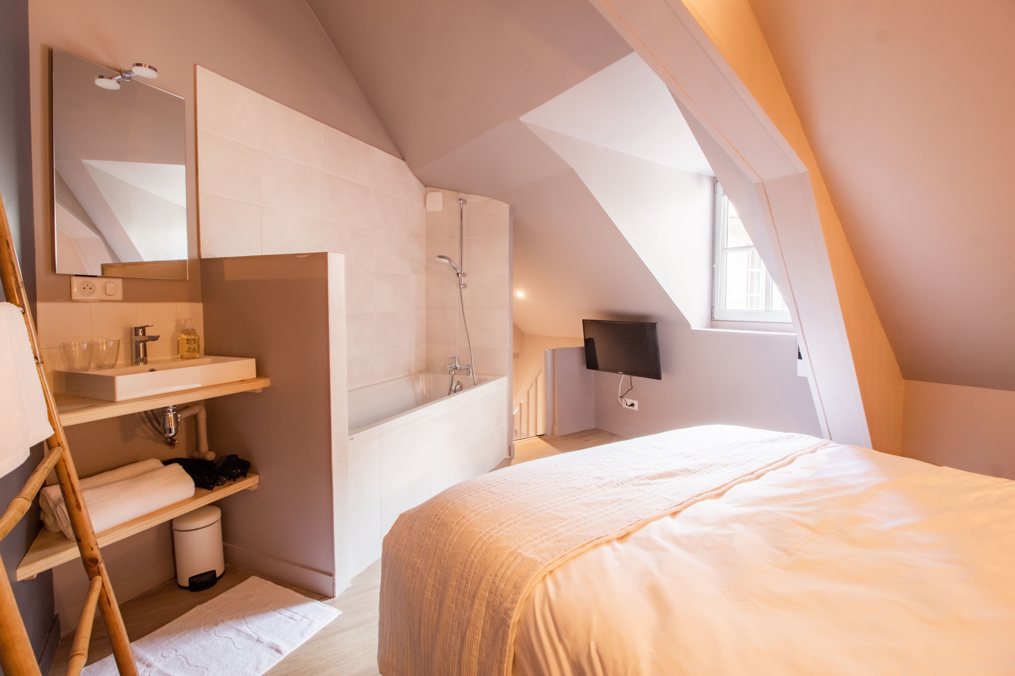 A bedroom with a large bed, a bathroom with a bathtub, a TV, and a skylight.