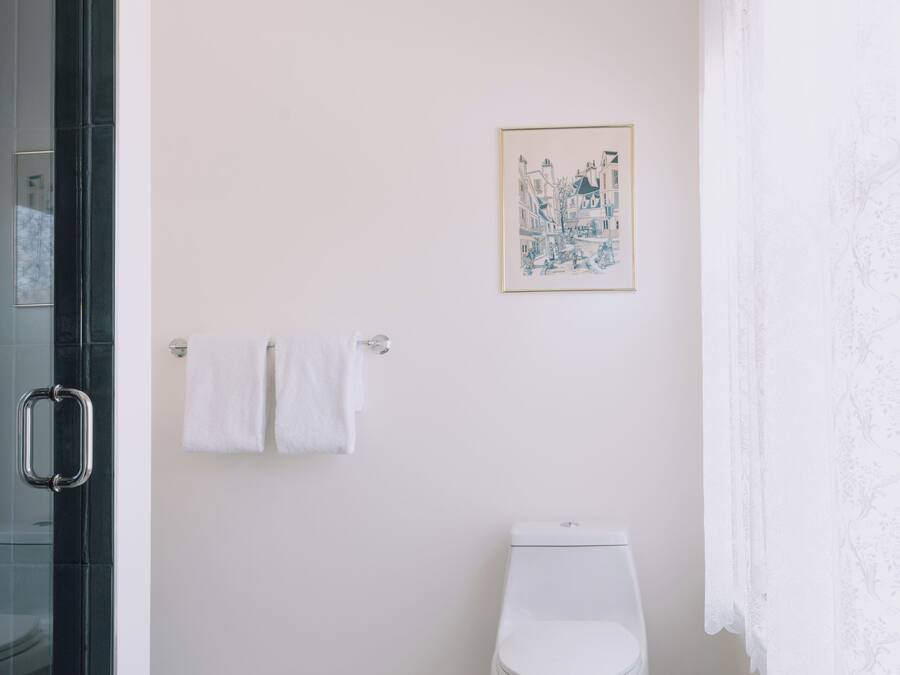A bathroom with a toilet, a framed picture on the wall, and a glass shower enclosure.