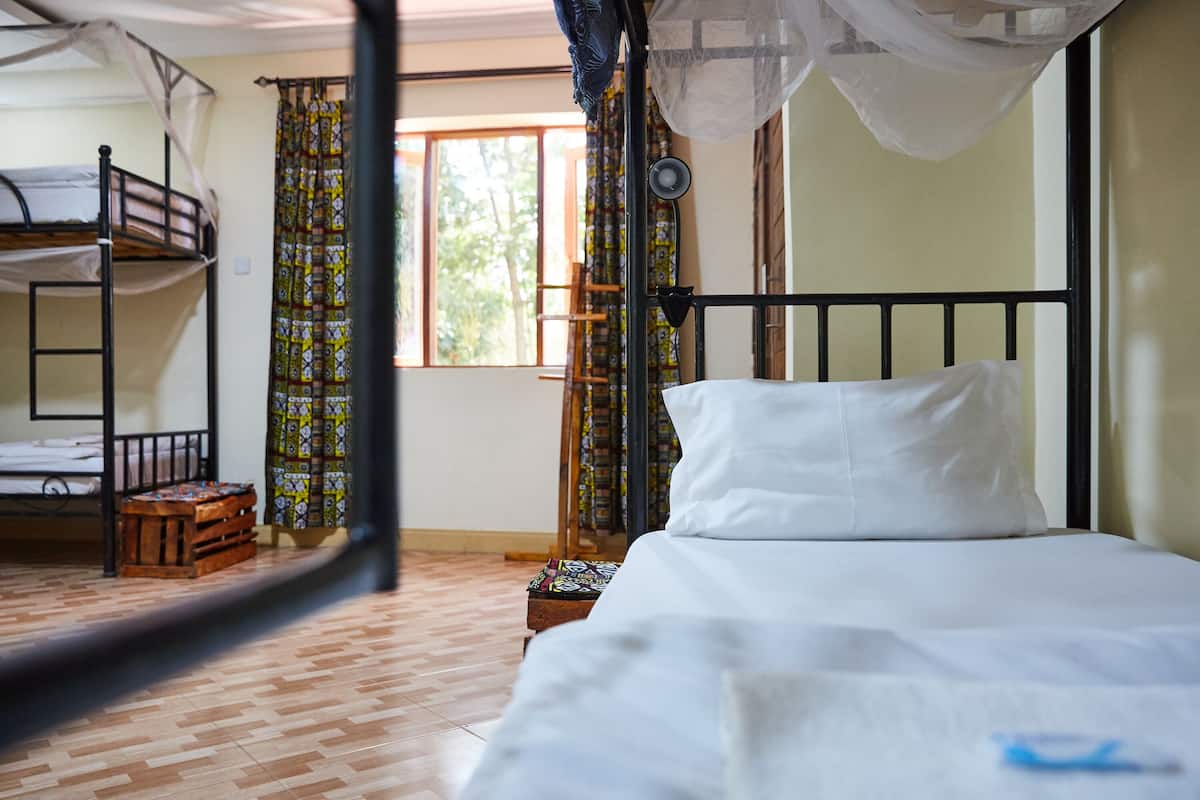 A dormitory room with bunk beds, a wooden crate, a ladder, and a window with curtains.