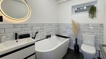 Combined shower/bathtub, hair dryer, towels