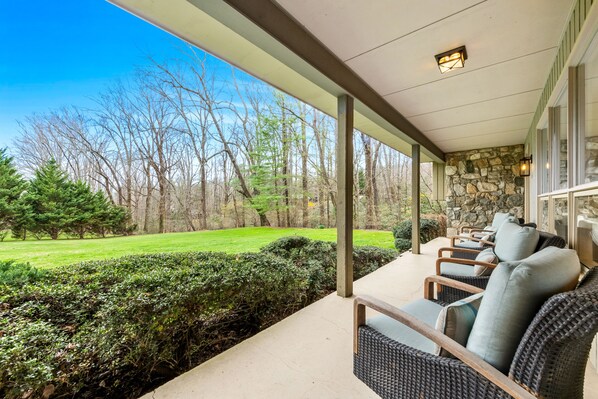 Terrace/patio - Camp Rockmont retreat with hot tub, game room, & outdoor fireplace (Black Mountain)