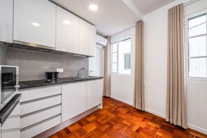 Fridge, microwave, electric kettle, toaster