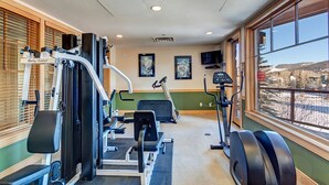 Un gimnasio con diversos equipos de ejercicio, un televisor y vistas a un paisaje nevado a través de amplias ventanas.