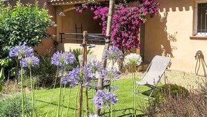 A house with a tiled roof, a garden with purple flowers, and a white chair. - Casa Brigitte by Interhome (Pinarellu)