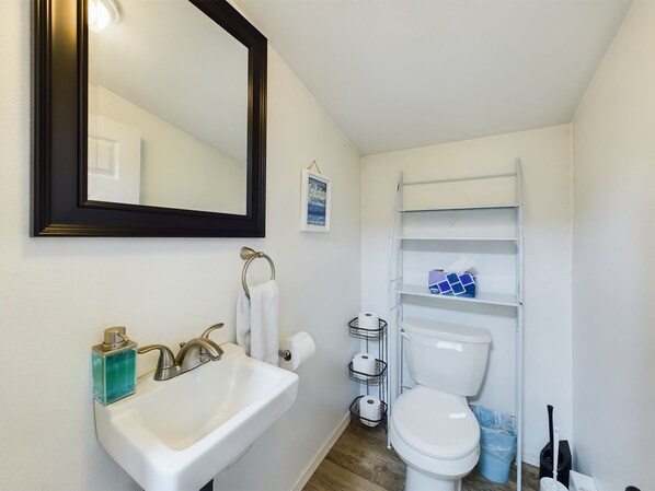 A bathroom with a white sink, a mirror, a toilet, and a shelf with toiletries. - Ocean & Mountain View Home, near Downtown Juneau (Juneau)