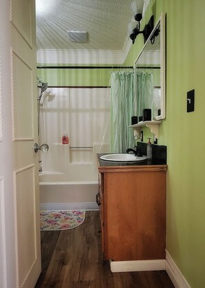 Hair dryer, towels, soap, toilet paper