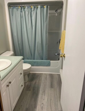 A bathroom with a toilet, a bathtub, and a shower. - Cabin on the beach. (Miramichi)