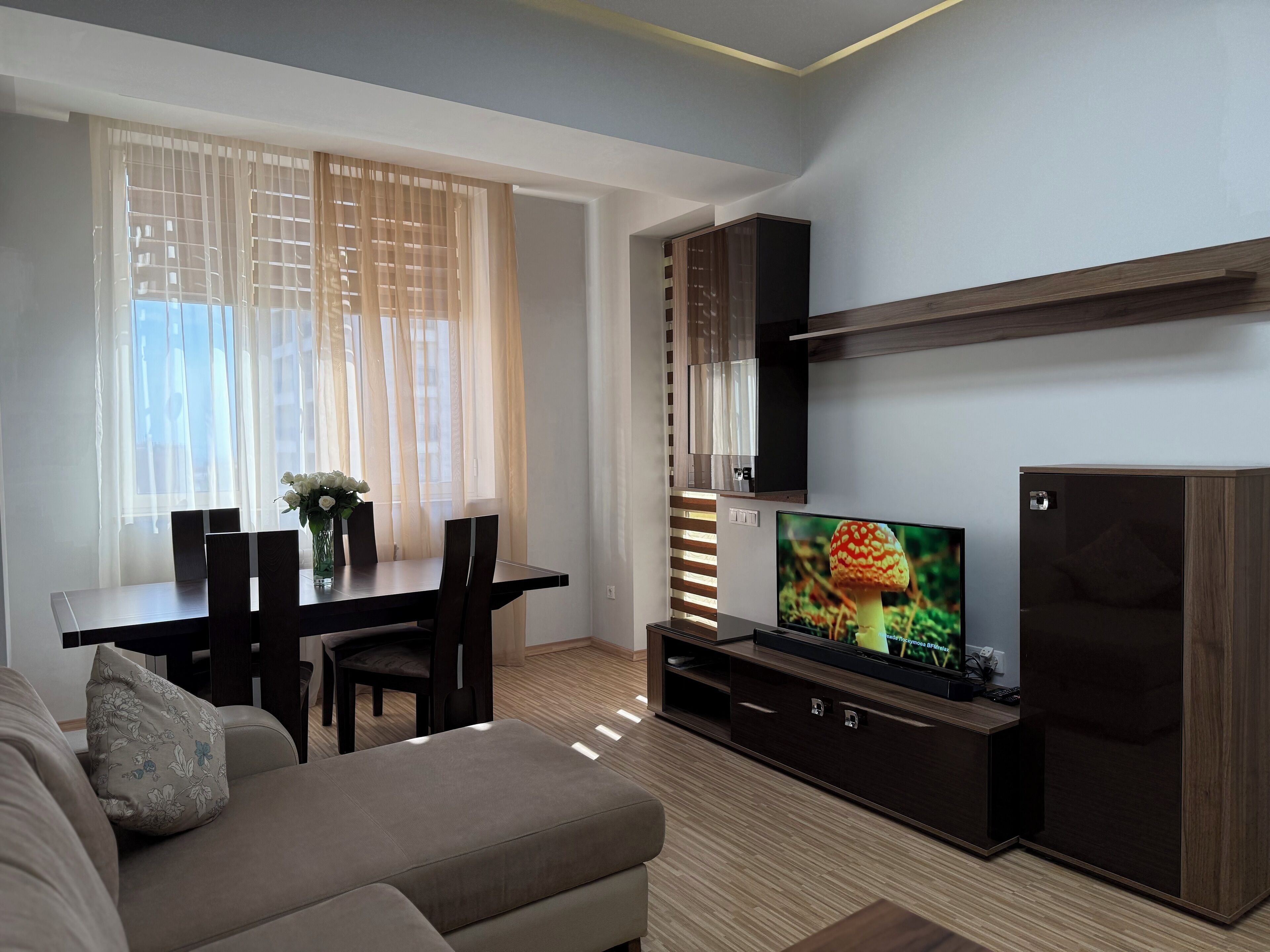 A modern living room with a dining area, a sofa, a TV on a wooden stand, and a window with sheer curtains.