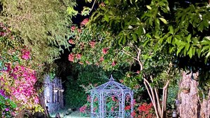 Um jardim com um gazebo, vegetação exuberante e plantas floridas.