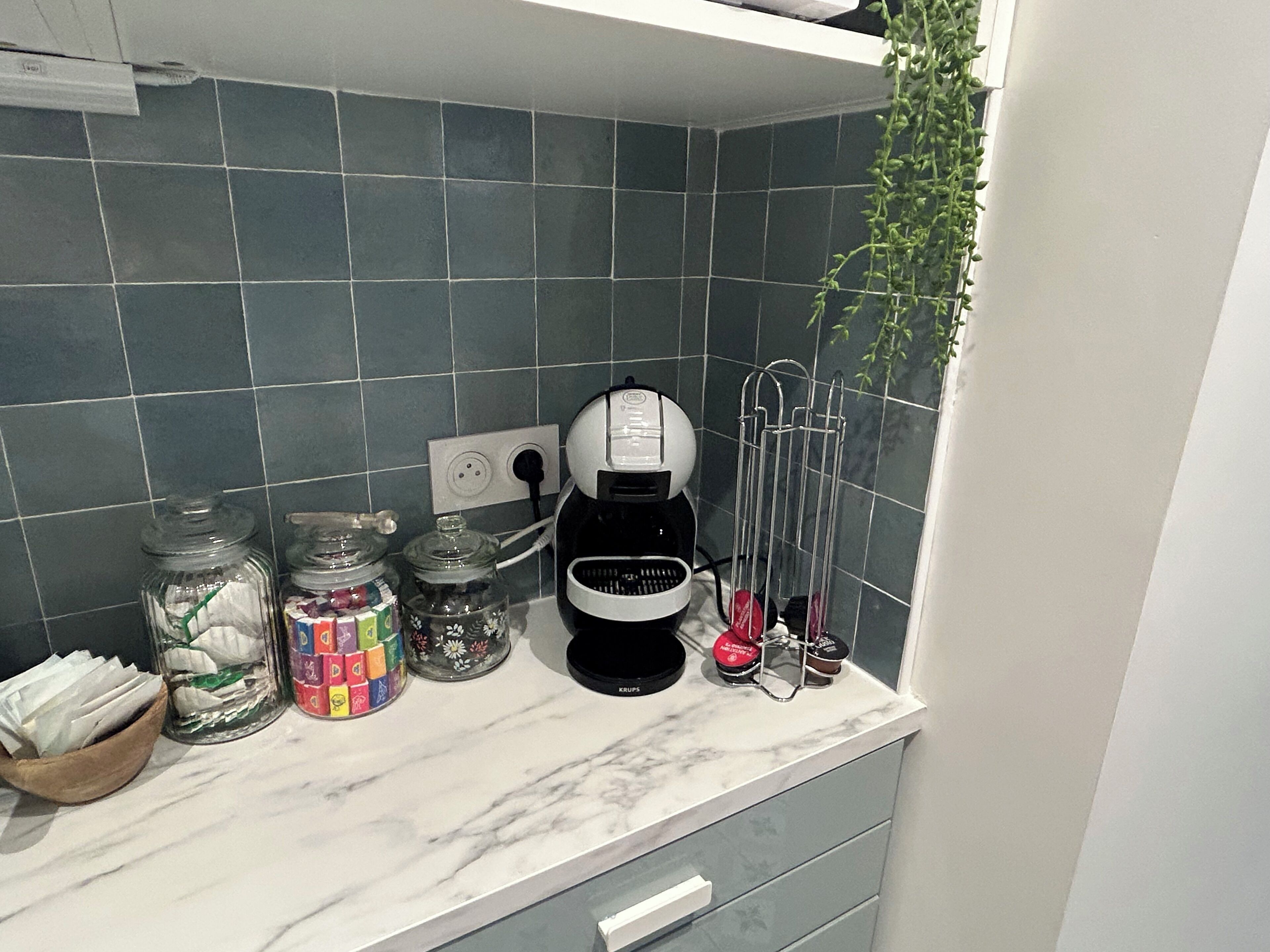 Un comptoir de cuisine avec une machine à café, des bocaux et une plante.