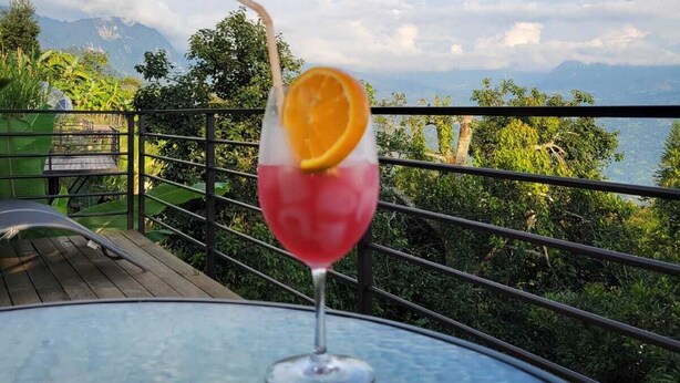 Ein Glas rosa Getränk mit Orangenscheibe auf einem Tisch mit Blick auf Berge und Grün.