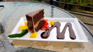 Ein Stück Schokoladenkuchen auf einem weißen Teller mit Früchten und Schokoladensauce.