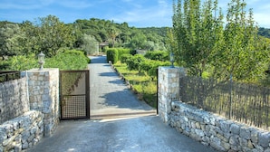 A stone pathway leading to a gate with a metal fence on either side, surrounded by lush greenery and trees. - Villa Busqueroles by Villa Plus (Pollença)