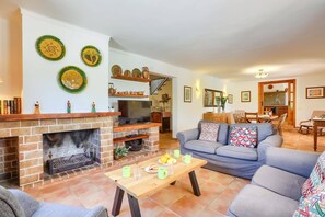 A living room with a fireplace, a sofa, a dining area, and a kitchen visible in the background.