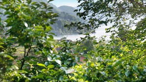 A mountainous landscape with a body of water, surrounded by greenery. - Apartment "Il Sole Di Calde Lago Maggiore 504" with Lake View, Balcony & Wi-Fi (castelveccana)