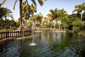 A tranquil pond with a wooden fence, surrounded by palm trees and a clear sky. - Apartment Costalita with Sea View, Terrace, Shared Pool & Wi-Fi (Estepona)