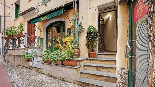 A building with a green awning, a bicycle, and potted plants on the steps.