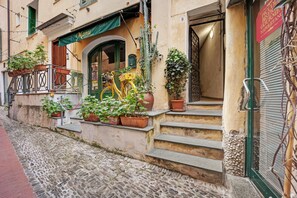 A building with a green awning, a bicycle, and potted plants on the steps.