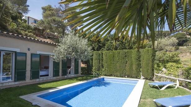 A rectangular swimming pool with a blue interior, surrounded by a well-maintained lawn and a hedge.