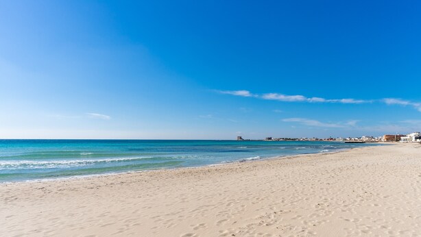 A beach with clear skies, a sandy shore, and buildings in the distance. - Villa "Tina" Close to the Beach and the City (torre lapillo)