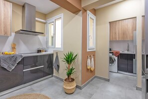 Fridge, oven, stovetop, coffee/tea maker