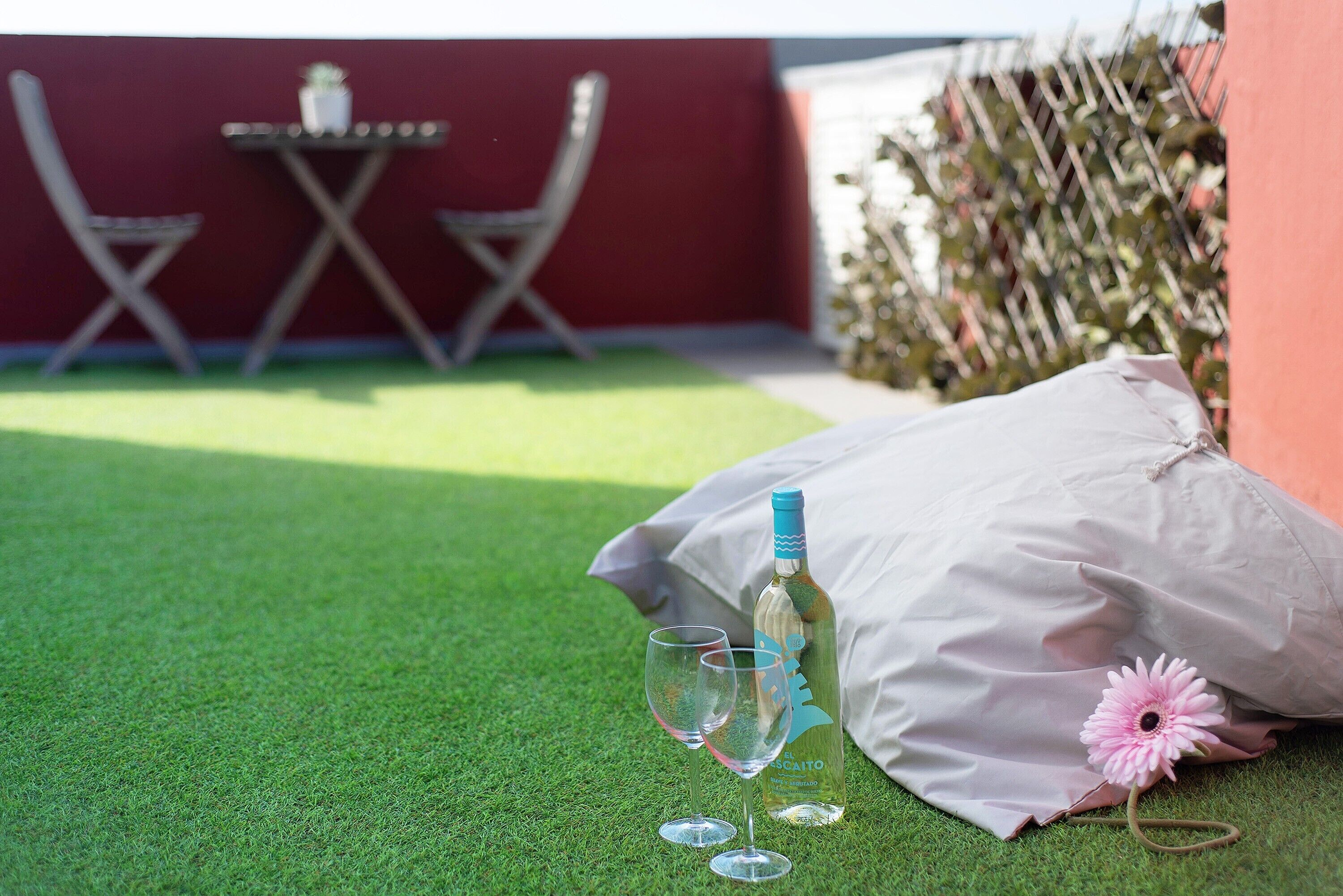 Een terras met kunstgras, een witte kussen, een fles wijn en twee glaasjes.