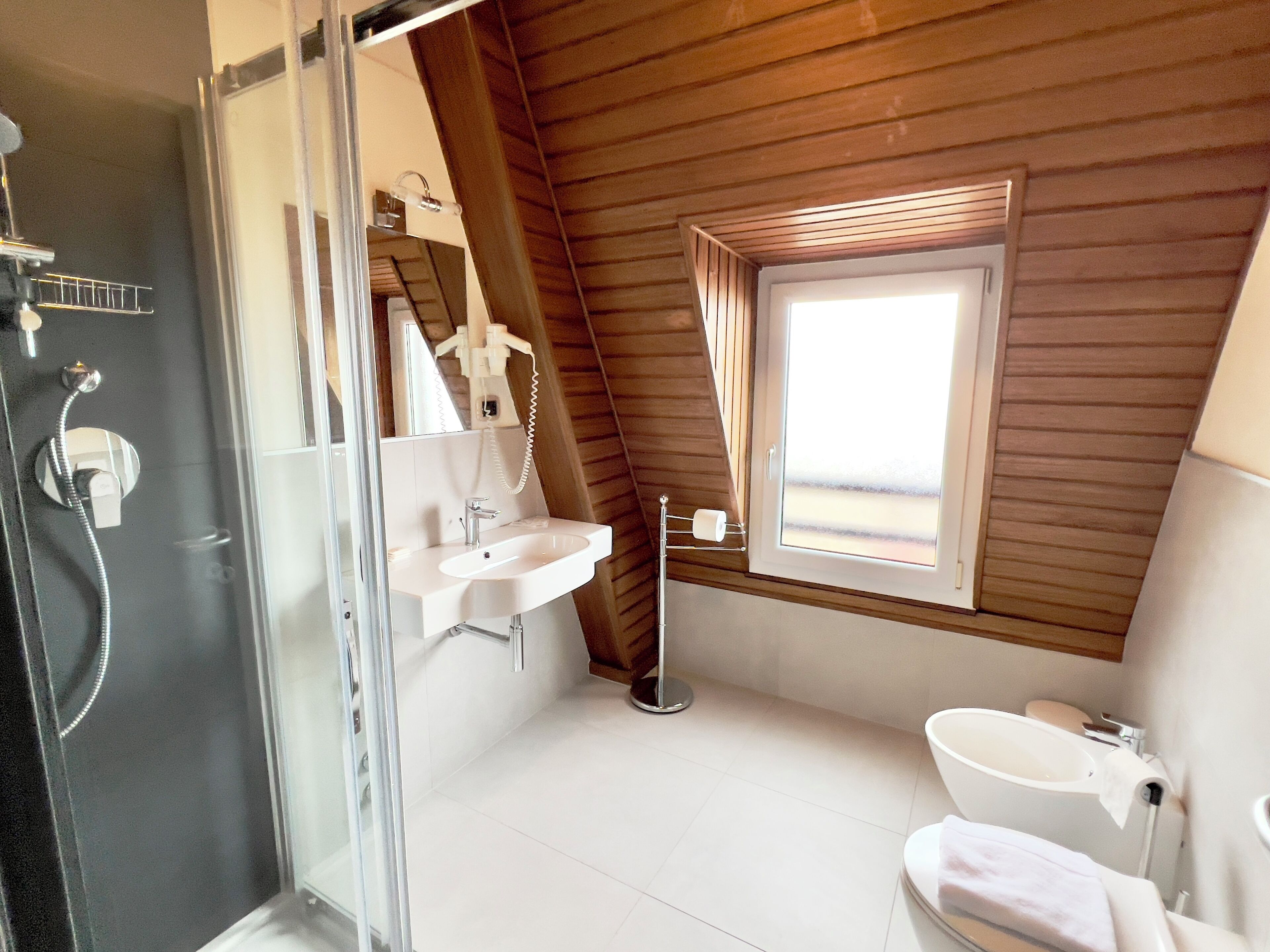 A modern bathroom with a glass shower enclosure, a white sink, and a toilet.