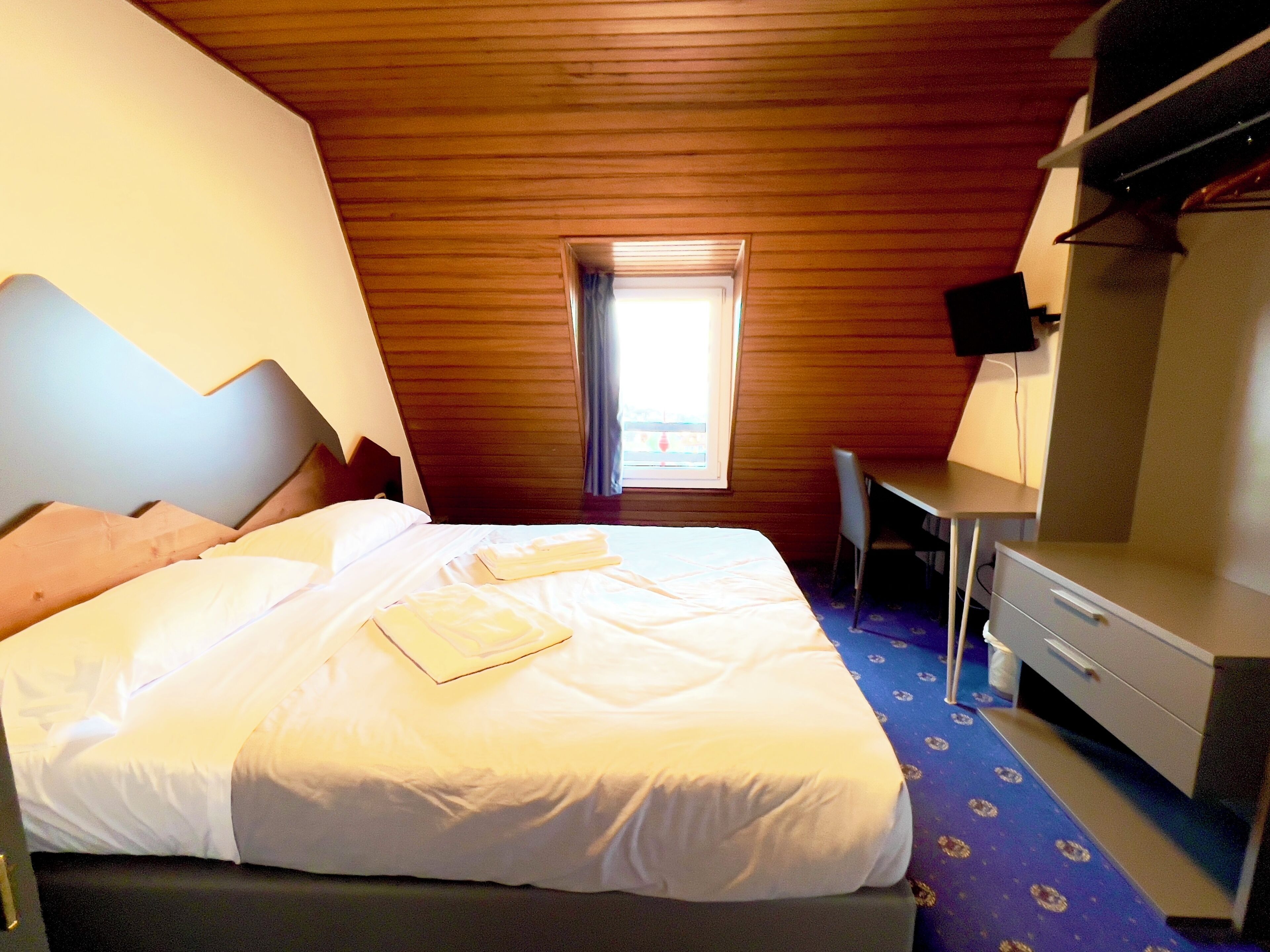 Un dormitorio con una cama, un escritorio y un armario.