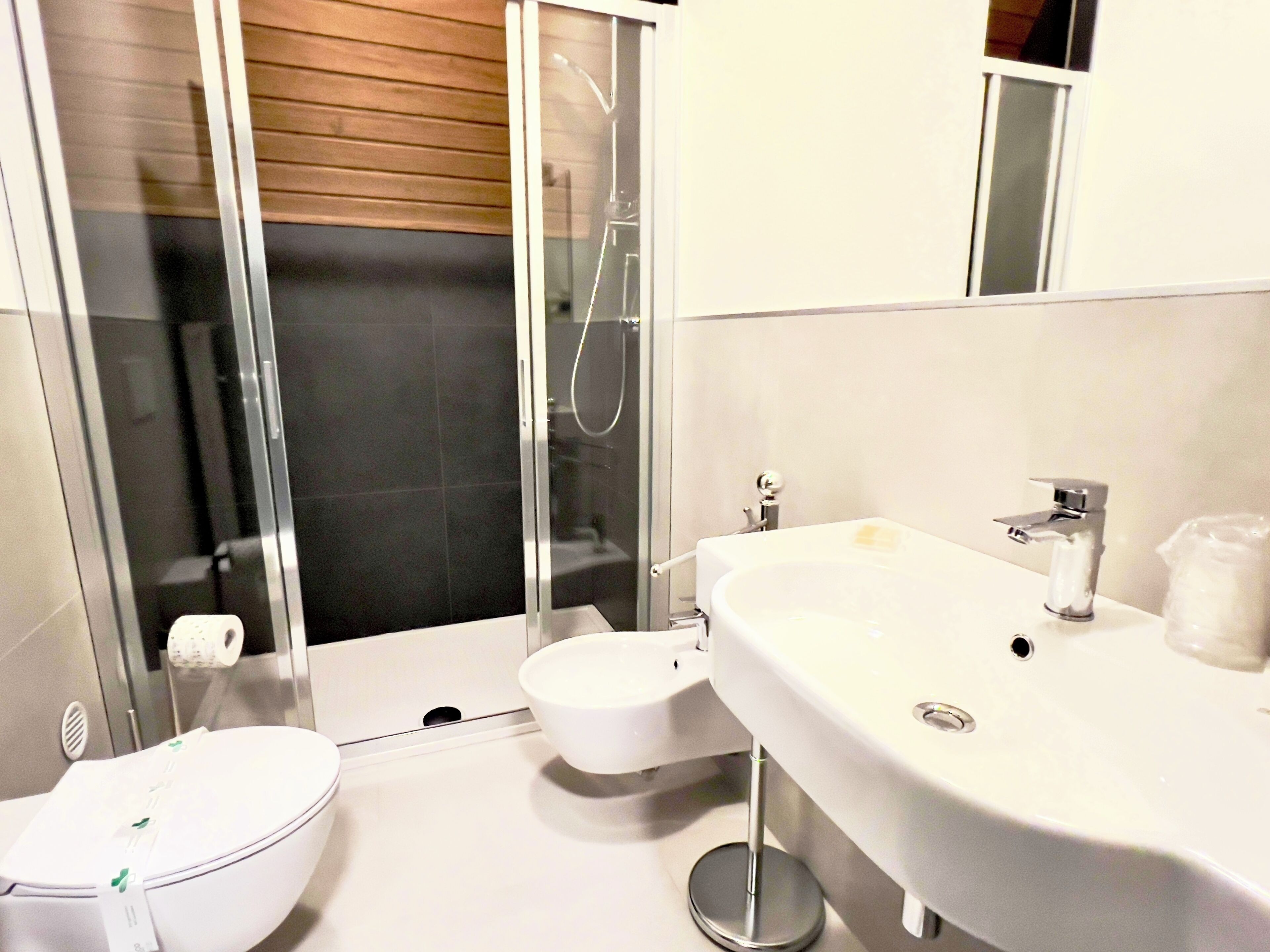 A modern bathroom with a glass shower enclosure, a white toilet, and a large sink with a mirror above it.