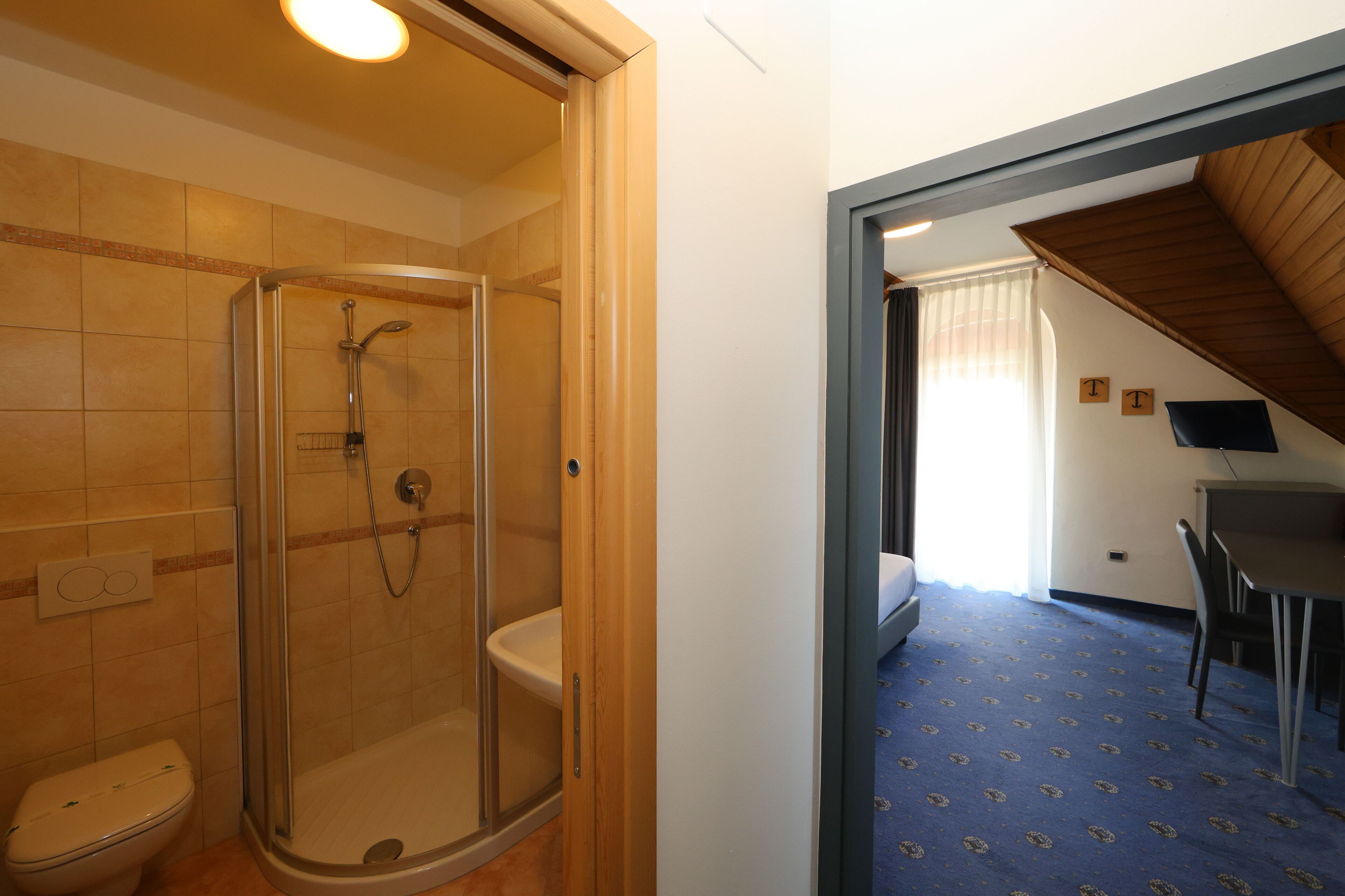 Een badkamer met een douchecabine, toilet en wastafel.
