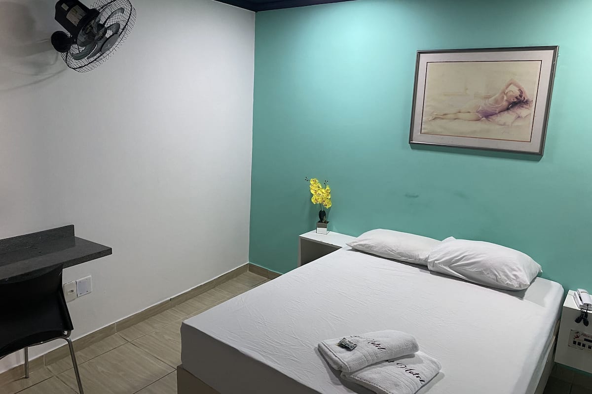 A hotel room with a bed, a desk, a chair, a nightstand, a wall-mounted fan, a framed picture, and a small potted plant.
