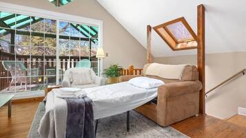 TV, fireplace, books, offices