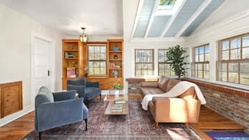 TV, lareira, livros, escritórios