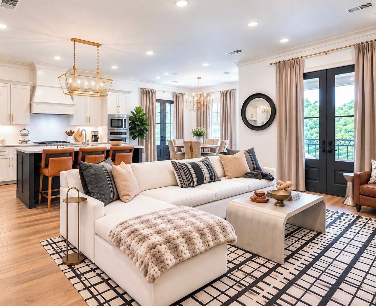 A modern living room with a sectional sofa, a coffee table, and a dining area with bar stools.