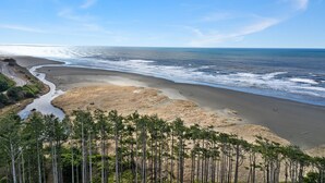 Paisatge costaner amb una platja sorrenca, un camí sinuós i un bosc d'alzines altes.