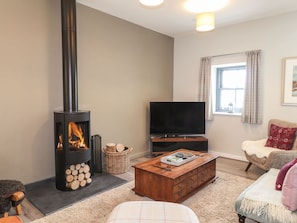 A cozy living room with a fireplace, a television, and comfortable seating. - The Pottery (Newport)