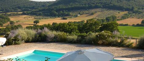 A pool with a white umbrella, surrounded by greenery and hills in the background.